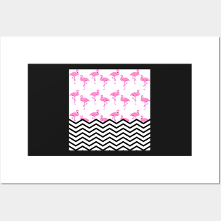 Pink Flamingos Pattern with Chevron Stripes Posters and Art